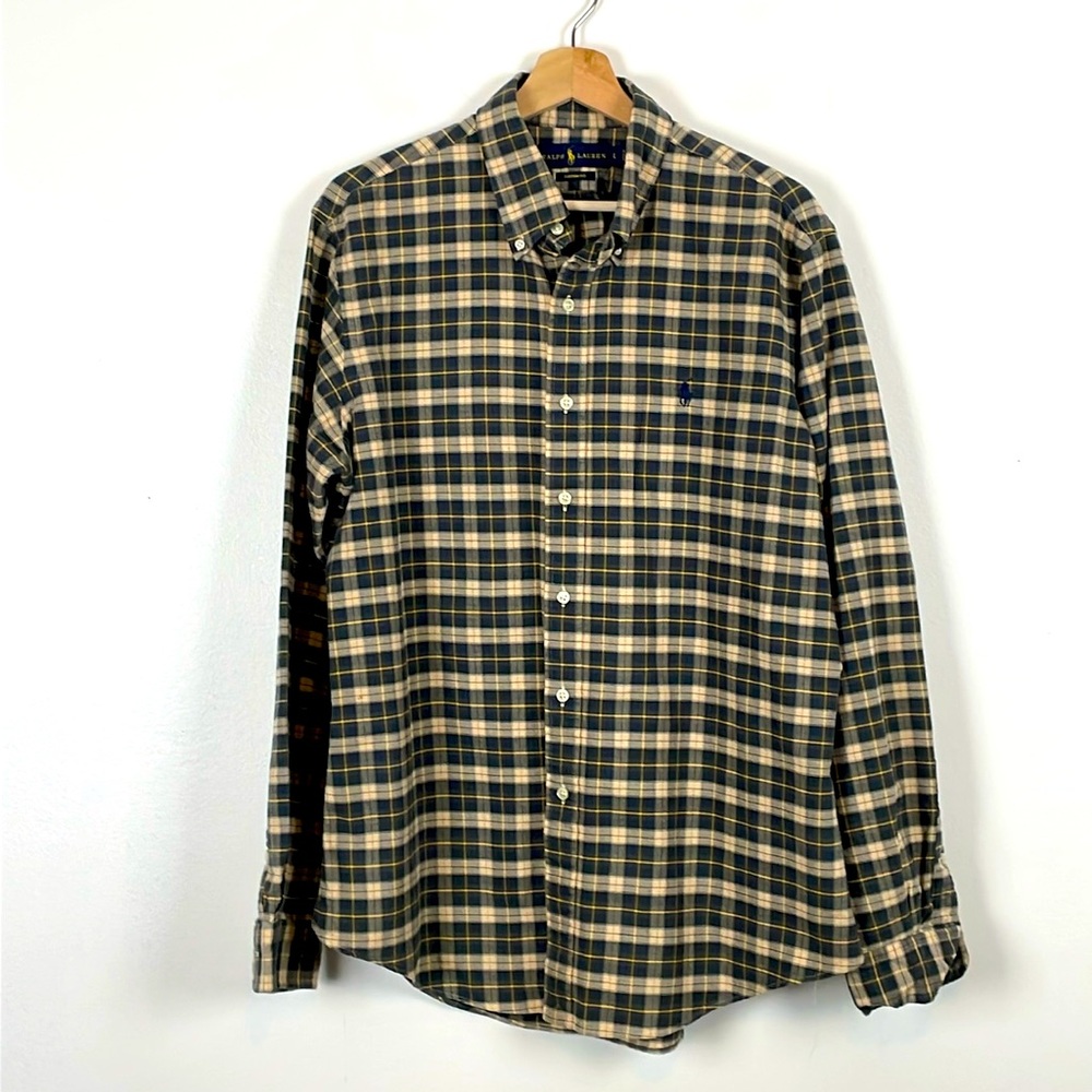 Ralph Lauren Men L Long Sleeve Button Down Plaid Blue Custom Fit Cotton Shirt
